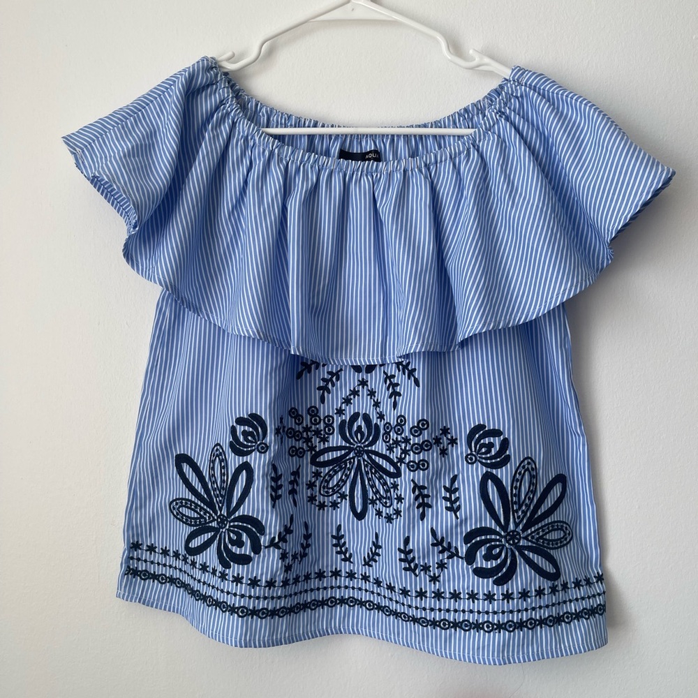 Aqua Blue Striped Off-Shoulder Top with Floral Embroidery - M
